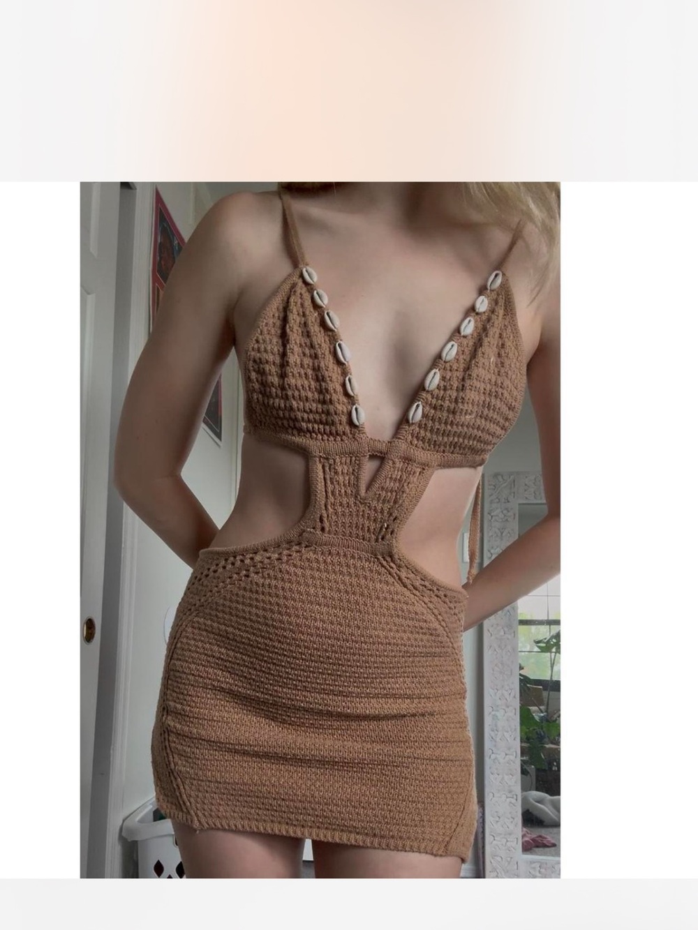 Handcrafted Crochet Cutout Mini Dress with Shell Accents - Tan